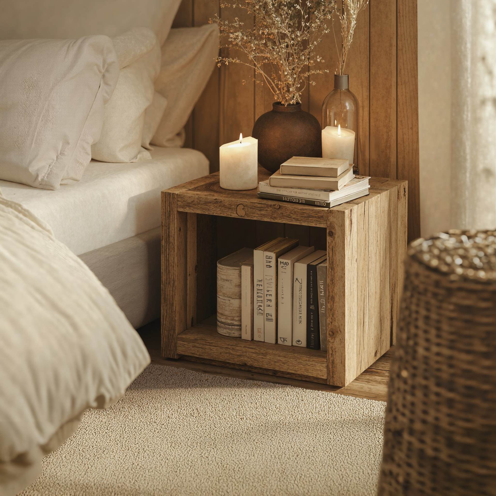 Natural Wooden Standing Nightstand With Open Storage Natural Wooden Standing Nightstand With Open Storage