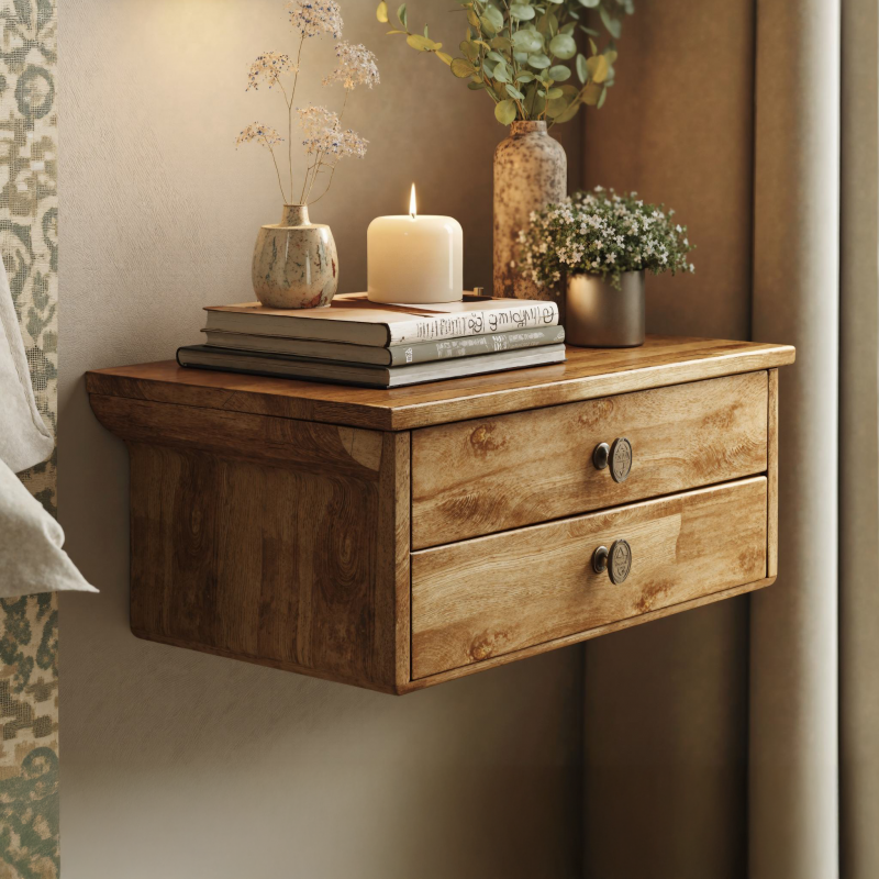 Solid Wood Rustic Nightstand With 2 Drawers